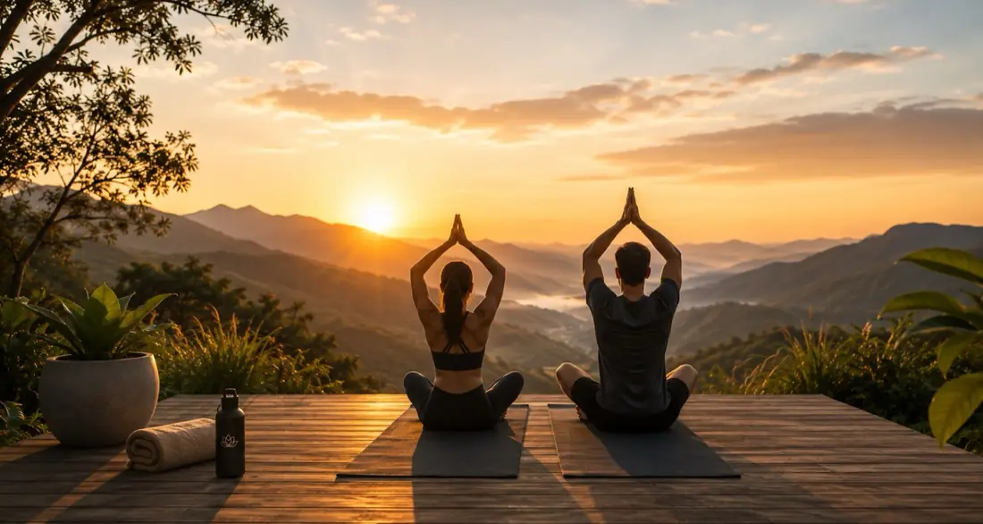 Dos personas practicando yoga frente a un amanecer en las montañas