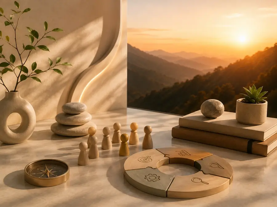 Piedras en equilibrio y brújula frente a un atardecer en las montañas